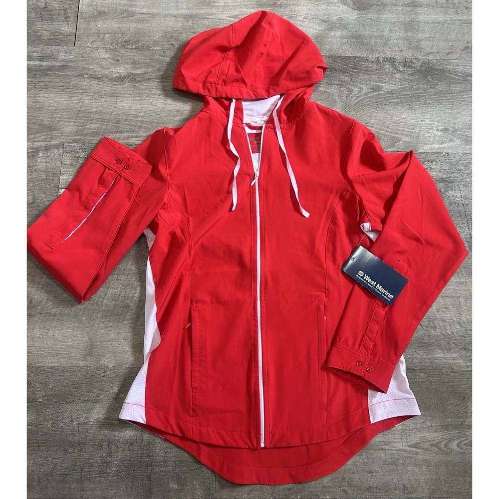 New West Marine Red Hood Hooded Women's Jacket‎ Coat Small S UPF 30+